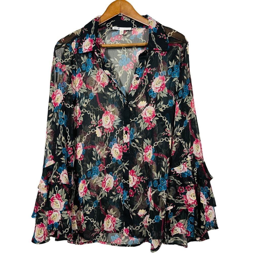 Seven7 Semi Sheer Button Up Shirt Casual Long Sleeve Floral Chain - L